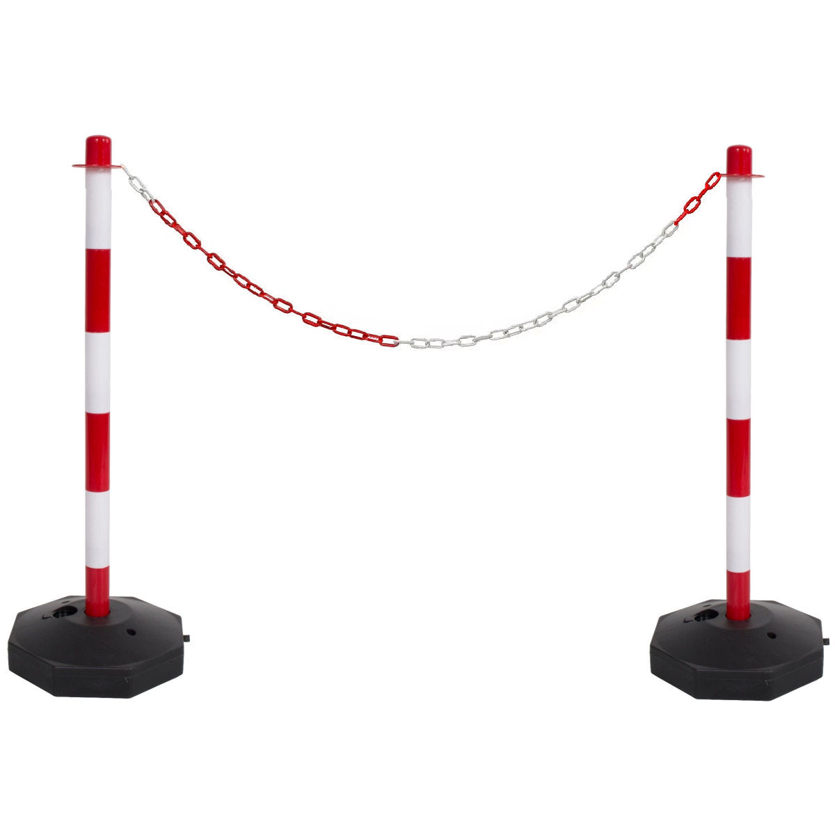 2 Red & White Support Posts & Plastic Chain Barrier Set