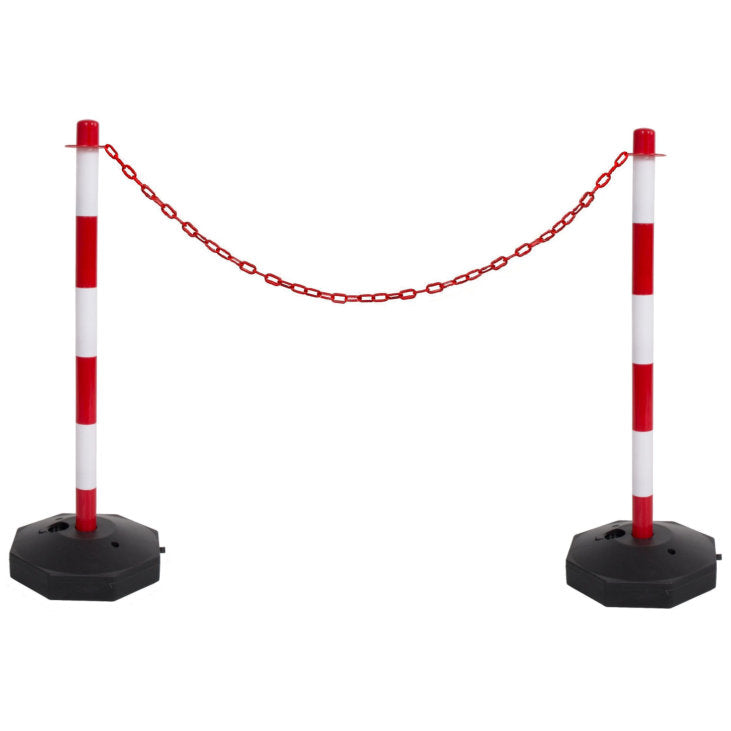 2 Red & White Support Posts & Red Plastic Chain Barrier Set