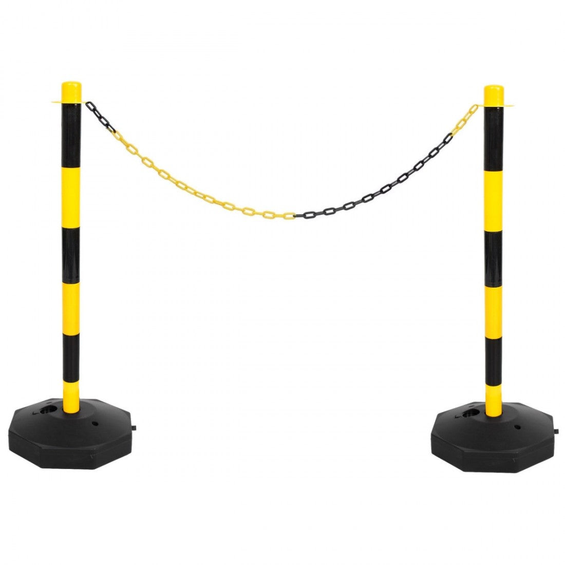 2 Black & Yellow Support Posts & Plastic Chain Barrier Set