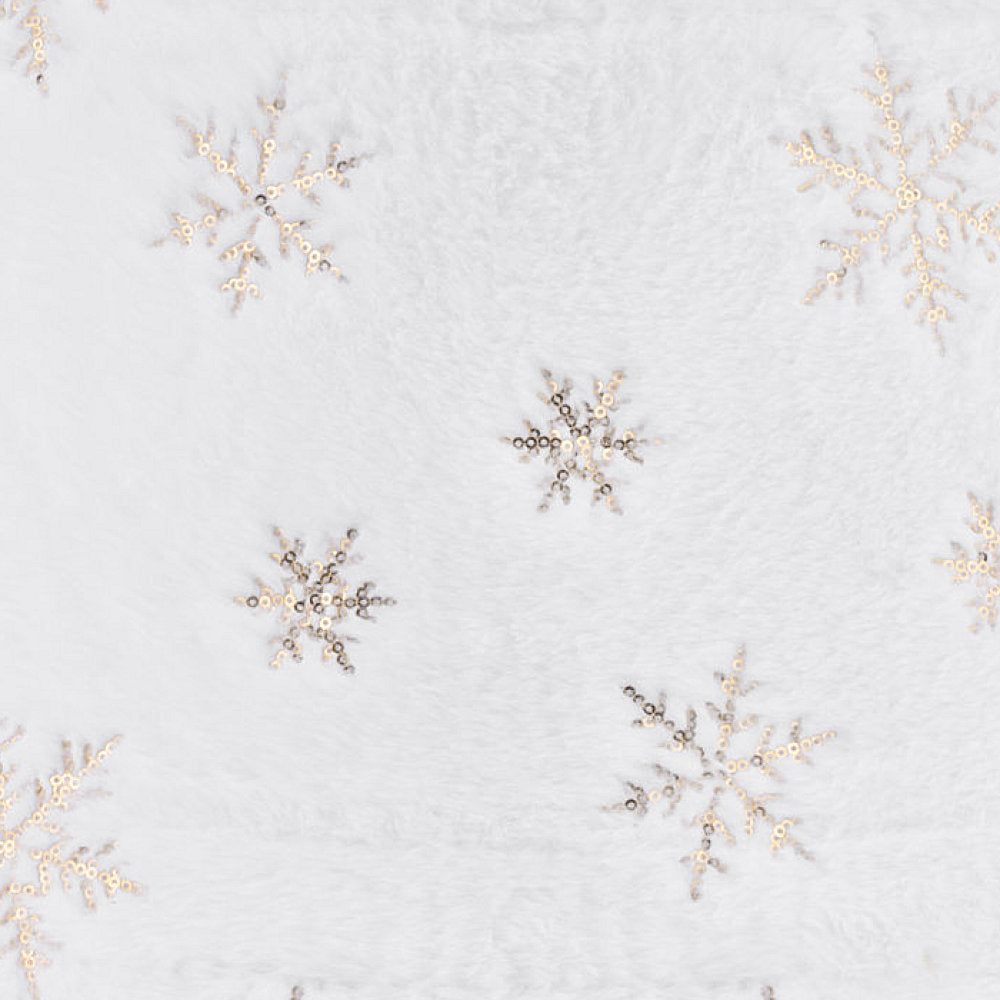 White Plush Christmas Tree Skirt with Gold Snowflake Design