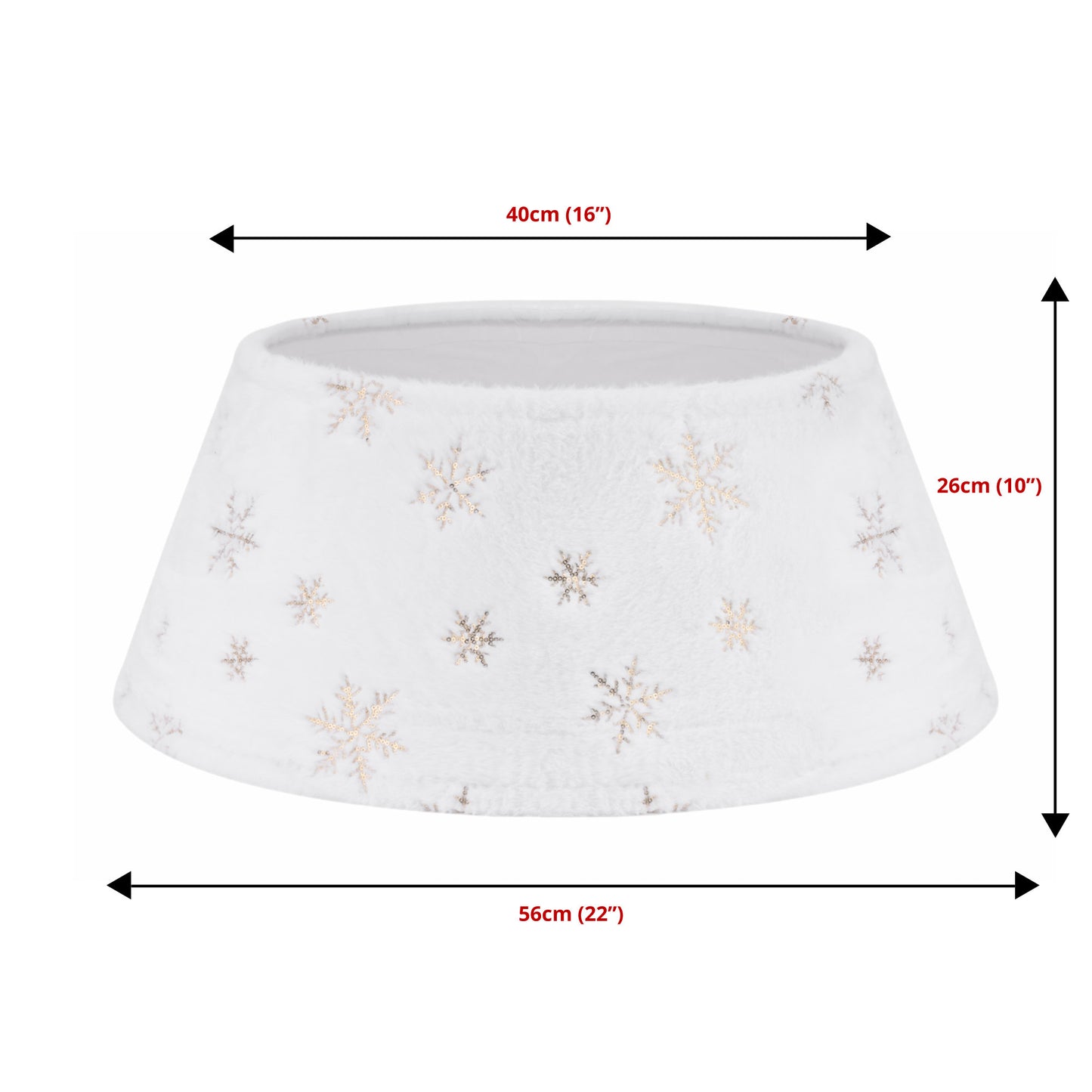 White Plush Christmas Tree Skirt with Gold Snowflake Design