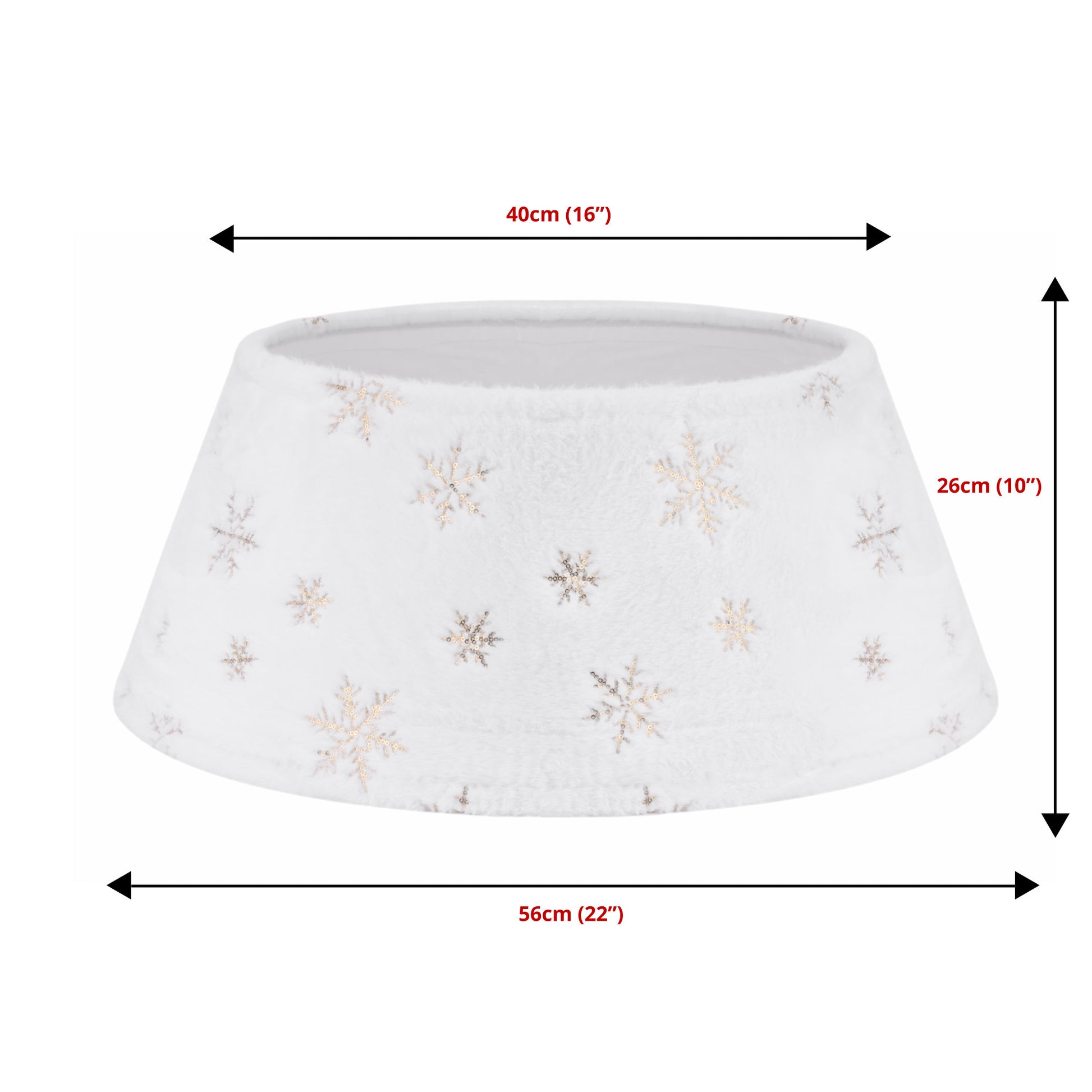 White Plush Christmas Tree Skirt with Gold Snowflake Design