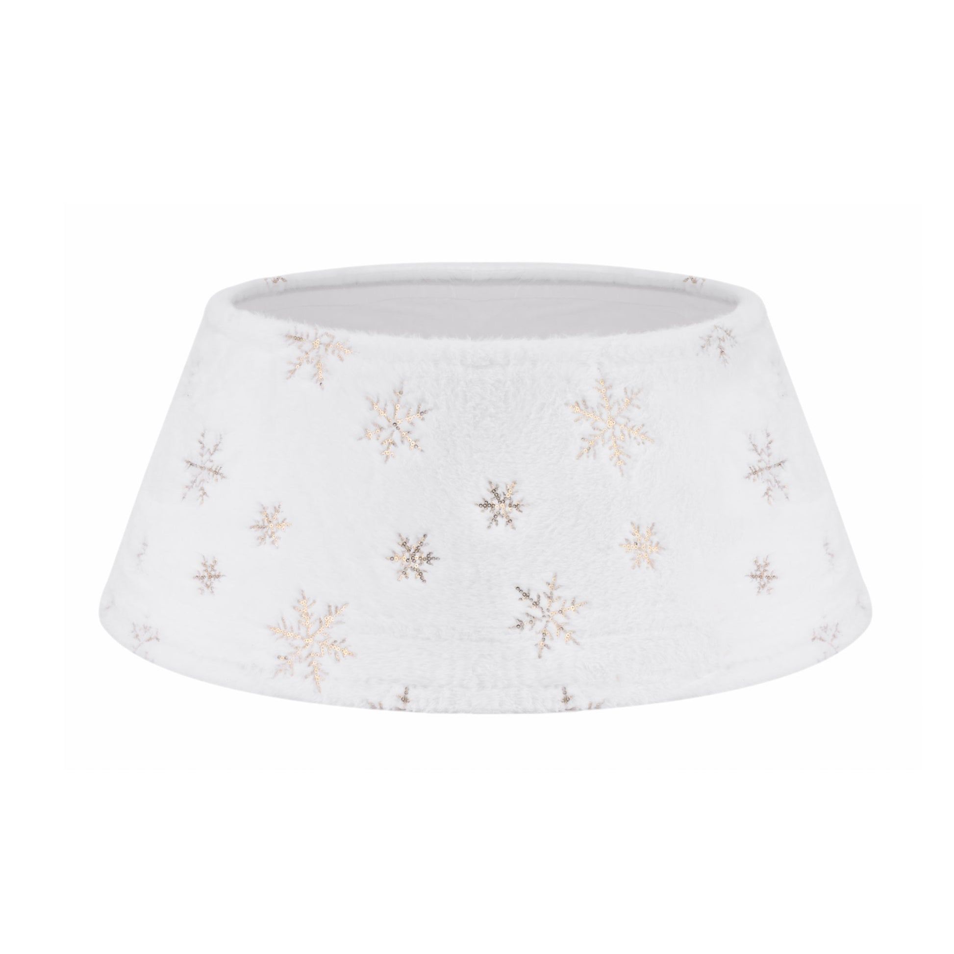 White Plush Christmas Tree Skirt with Gold Snowflake Design