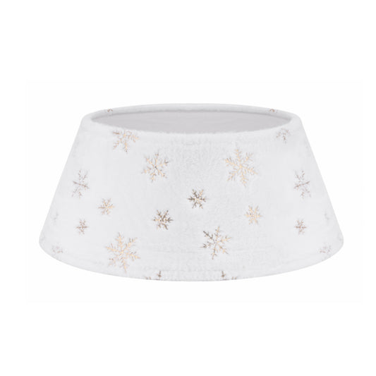 White Plush Christmas Tree Skirt with Gold Snowflake Design
