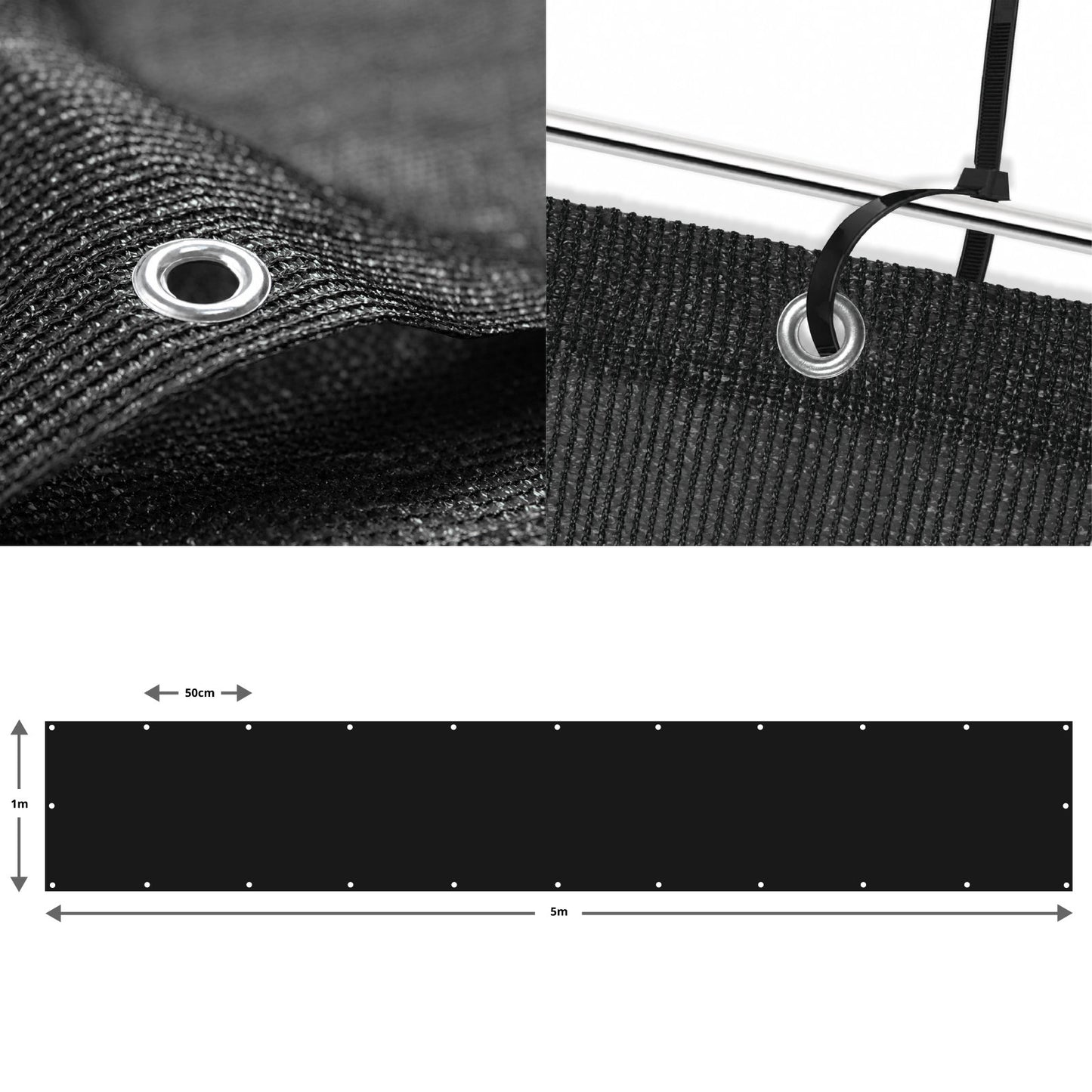 Black Privacy & Balcony Screening Net - Heavy Duty 180gsm with Eyelets 1m x 5m