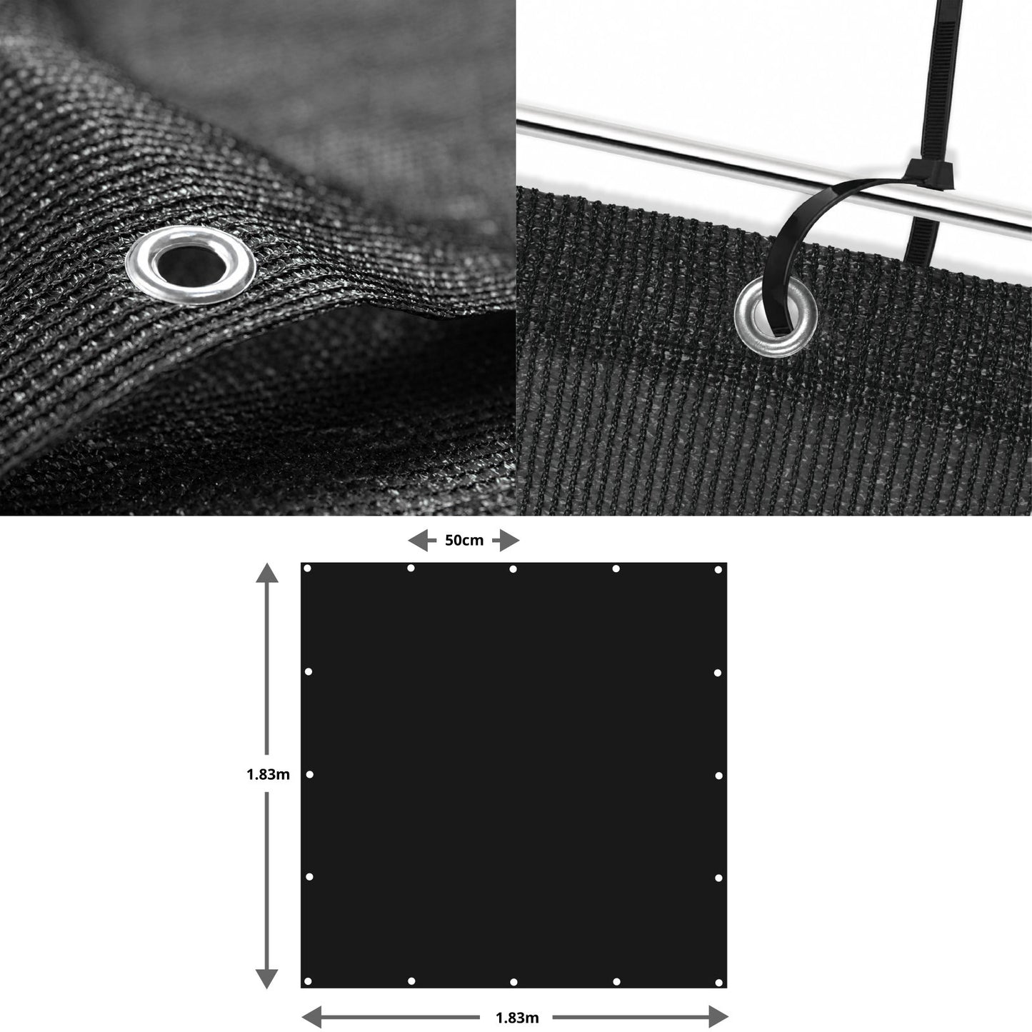 Black Privacy & Balcony Screening Net - Heavy Duty 180gsm with Eyelets 1.83m x 1.83m
