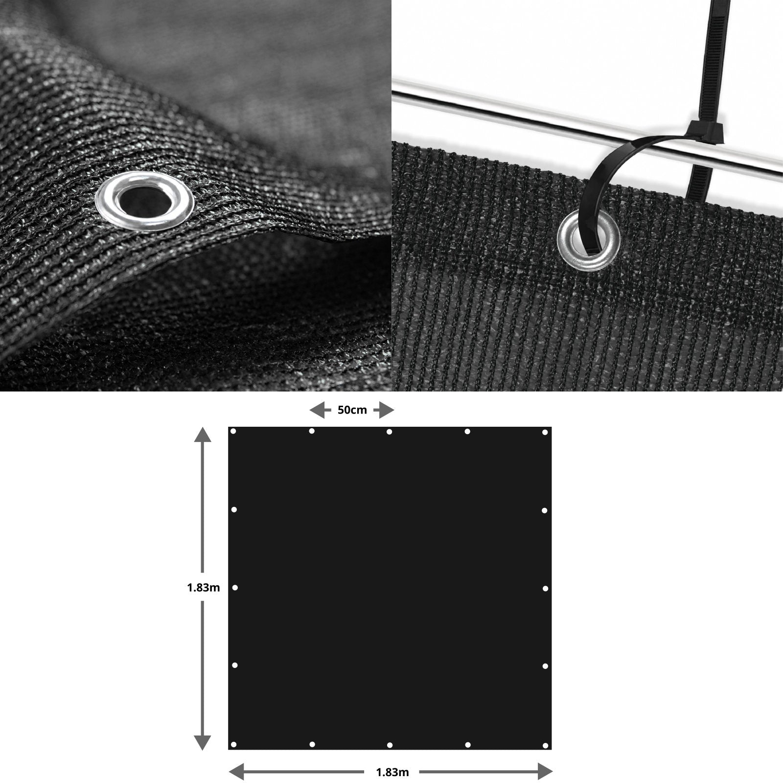 Black Privacy & Balcony Screening Net - Heavy Duty 180gsm with Eyelets 1.83m x 1.83m