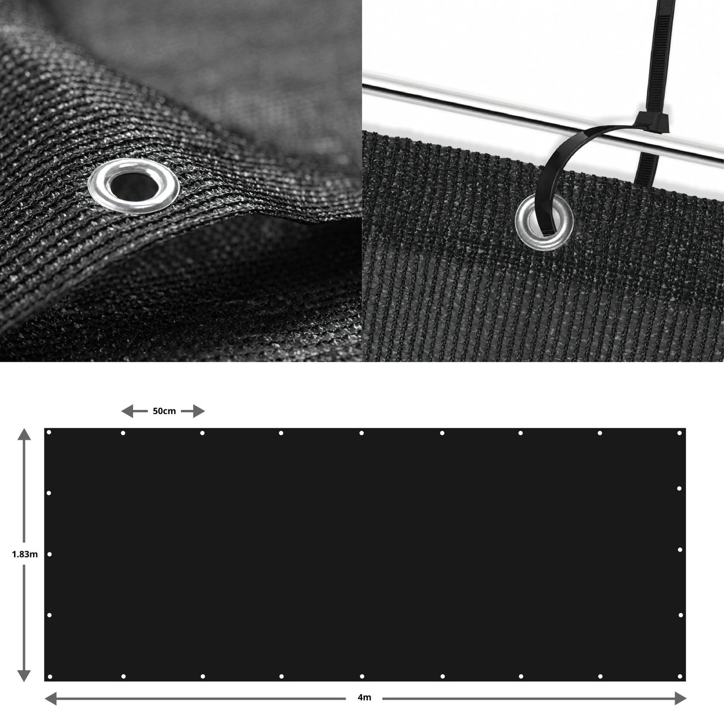 Black Privacy & Balcony Screening Net - Heavy Duty 180gsm with Eyelets 1.83m x 4m