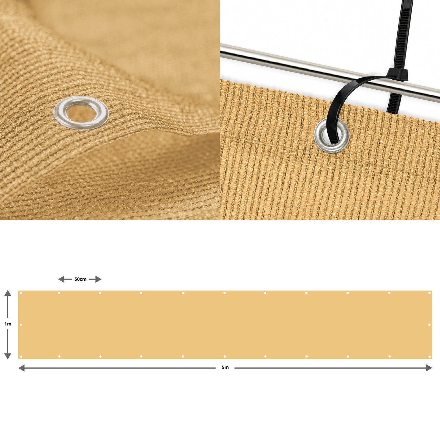 Sand Privacy & Balcony Screening Net - Heavy Duty 180gsm with Eyelets 1m x 5m