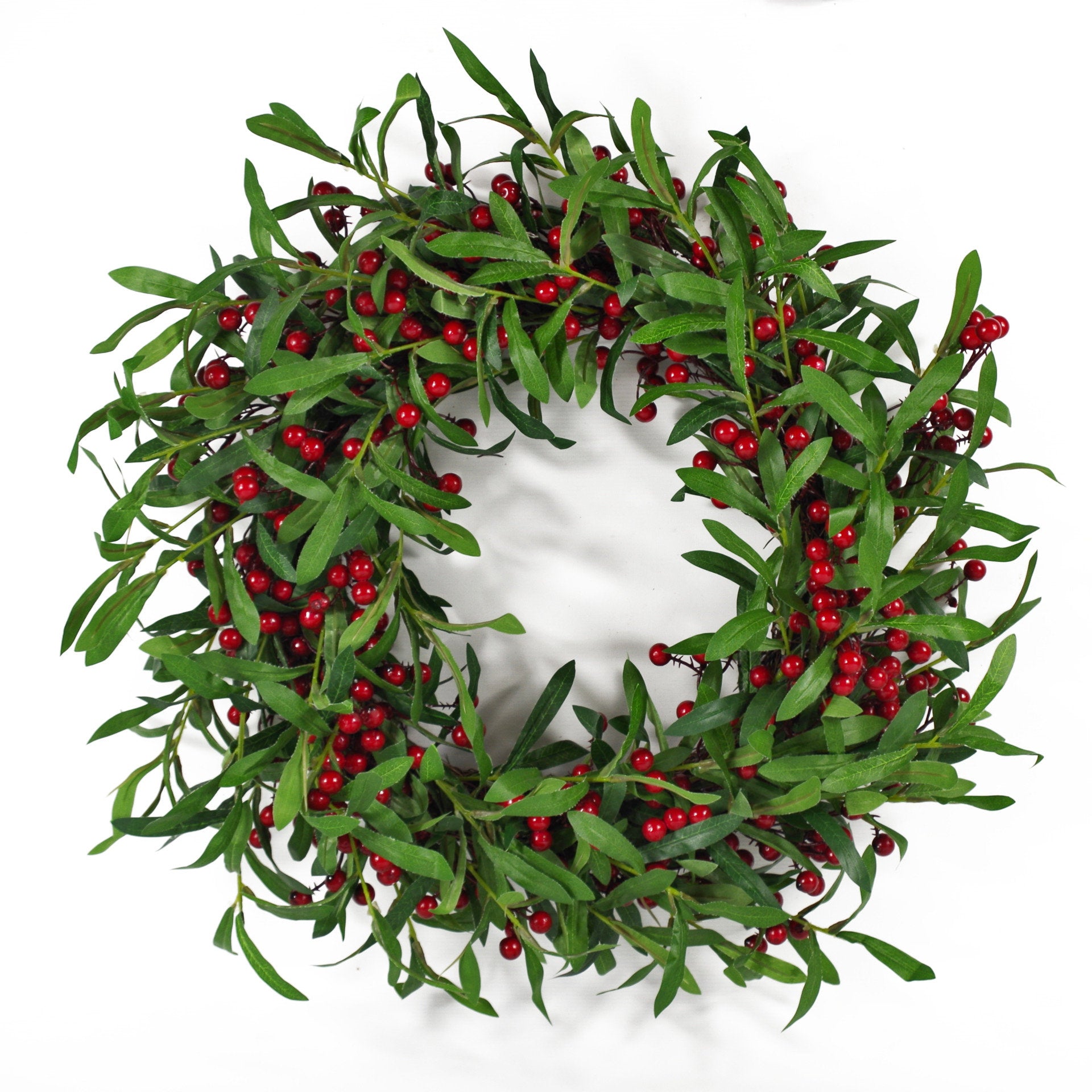 60cm Christmas Winter Wreath - Red Berry & Mistletoe Leaf