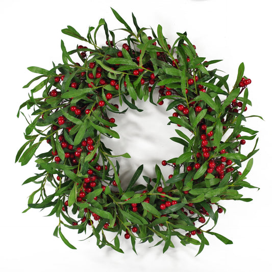 60cm Christmas Winter Wreath - Red Berry & Mistletoe Leaf