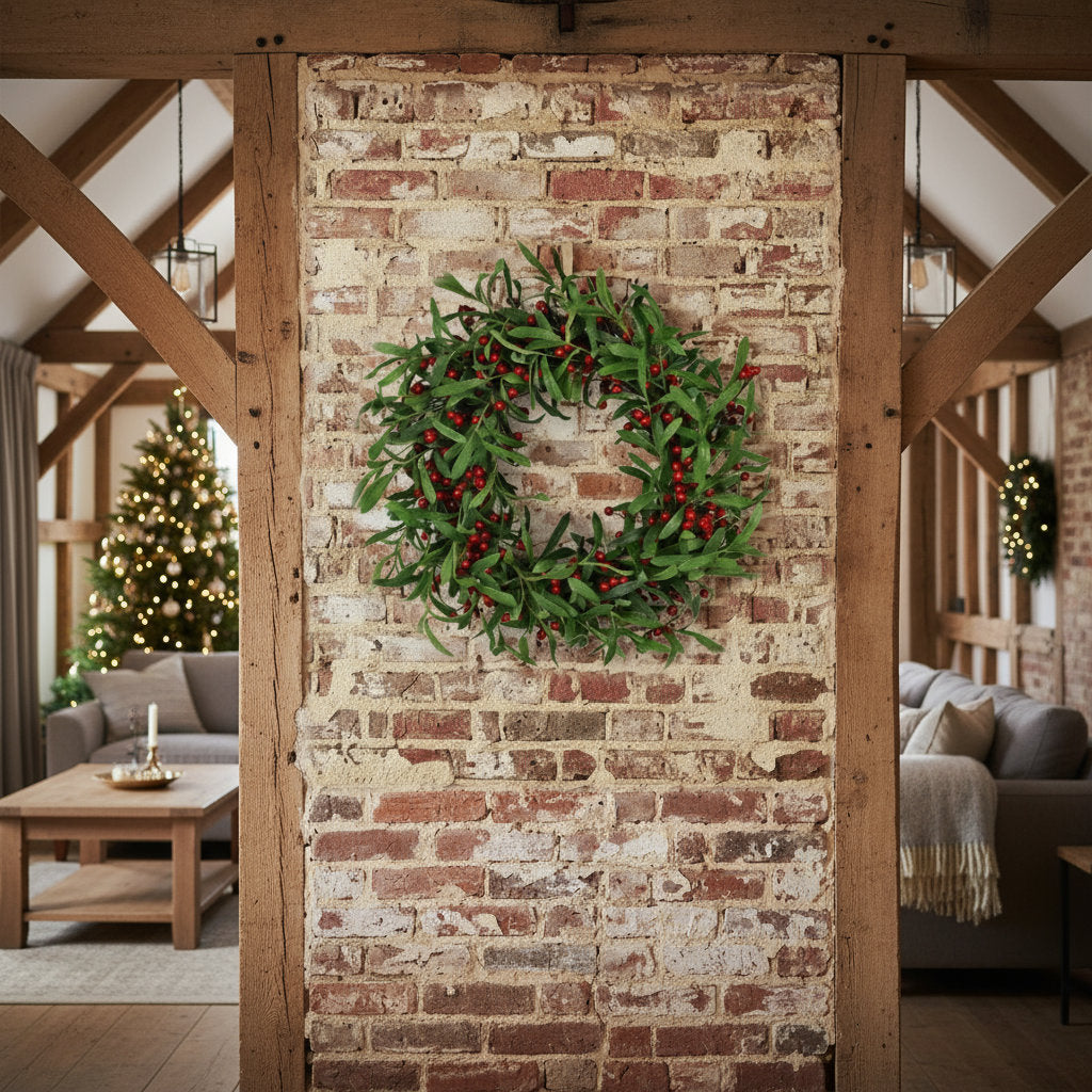 60cm Christmas Winter Wreath - Red Berry & Mistletoe Leaf