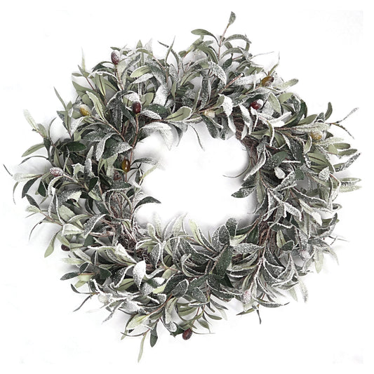 60cm Christmas Winter Wreath - Snowy Olive Leaf