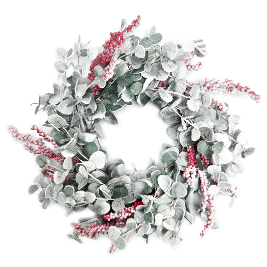 70cm Christmas Winter Wreath - Snow Dusted Eucalyptus & Red Berry