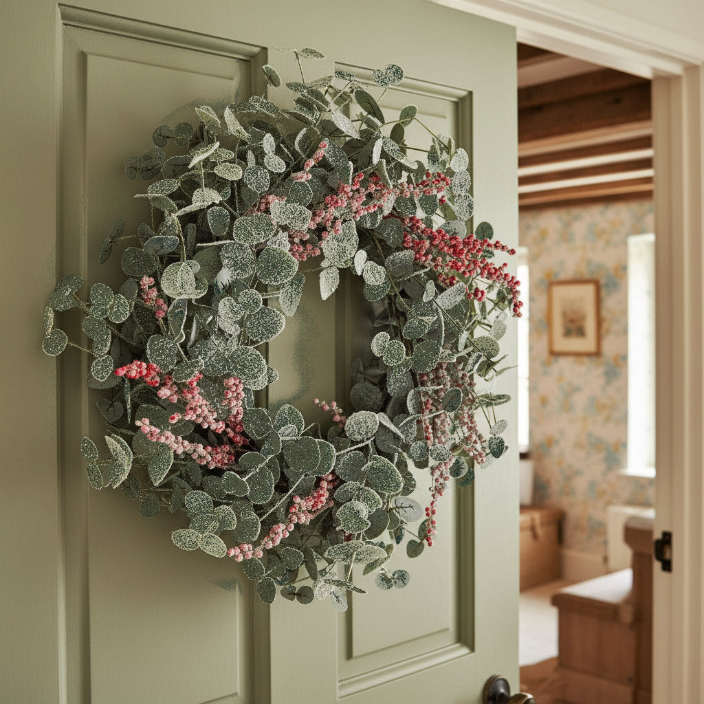 70cm Christmas Winter Wreath - Snow Dusted Eucalyptus & Red Berry