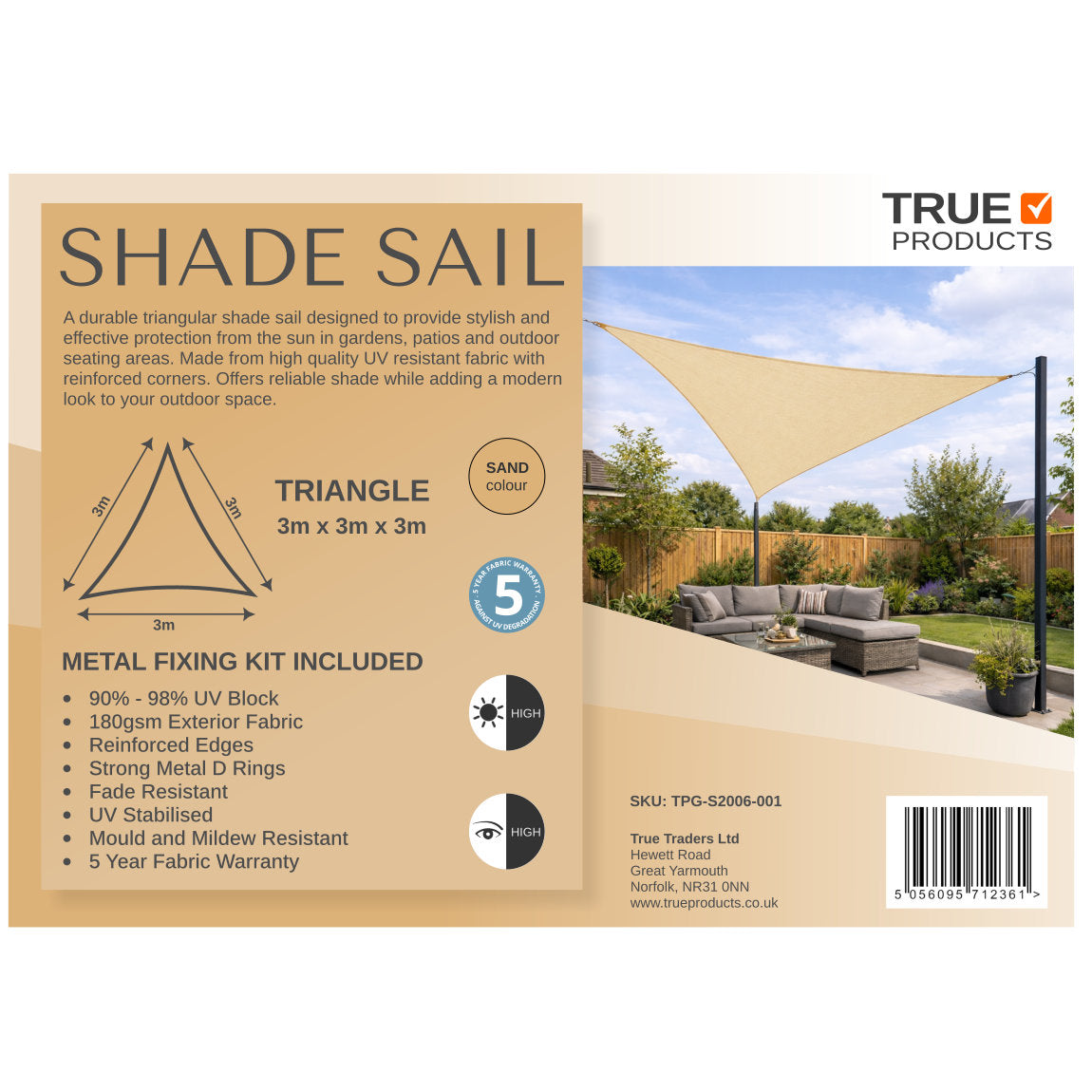 3m Triangle Shade Sail – Sand | Fixing Kit Included