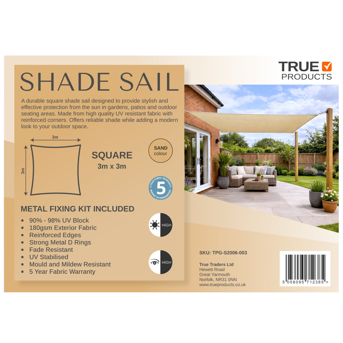 3m Square Shade Sail - Sand | Fixing Kit Included