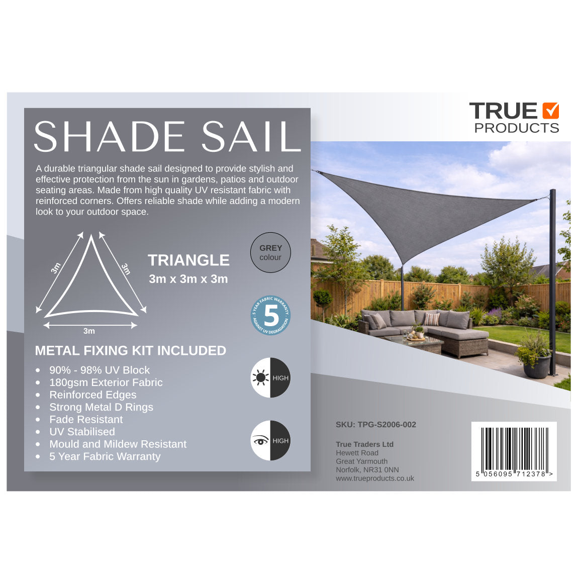 3m Triangle Shade Sail – Grey | Fixing Kit Included