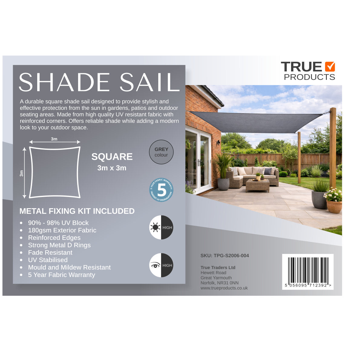 3m Square Shade Sail - Grey | Fixing Kit Included