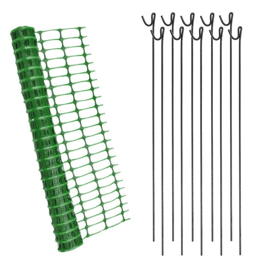 Green Barrier Mesh Fence 25m & 10 Metal Fencing Pins