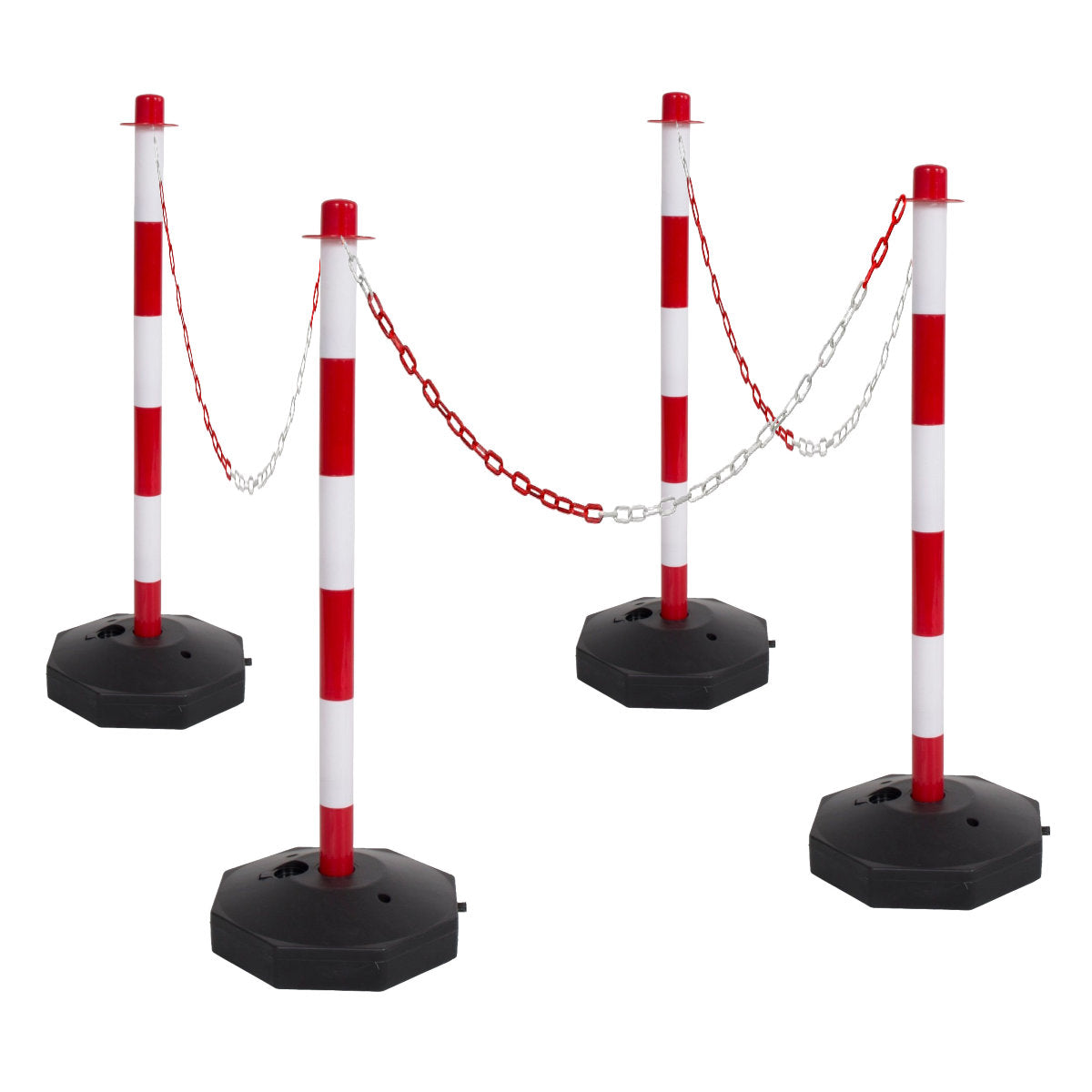 4 Red & White Support Posts & Plastic Chain Barrier Set