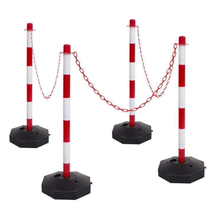 4 Red & White Support Posts & Red Plastic Chain Barrier Set