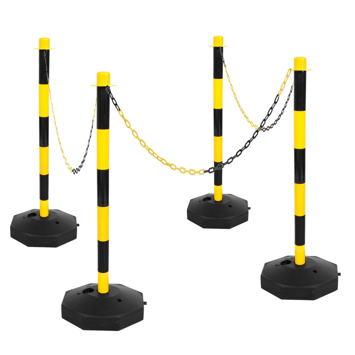 4 Black & Yellow Support Posts & Plastic Chain Barrier Set