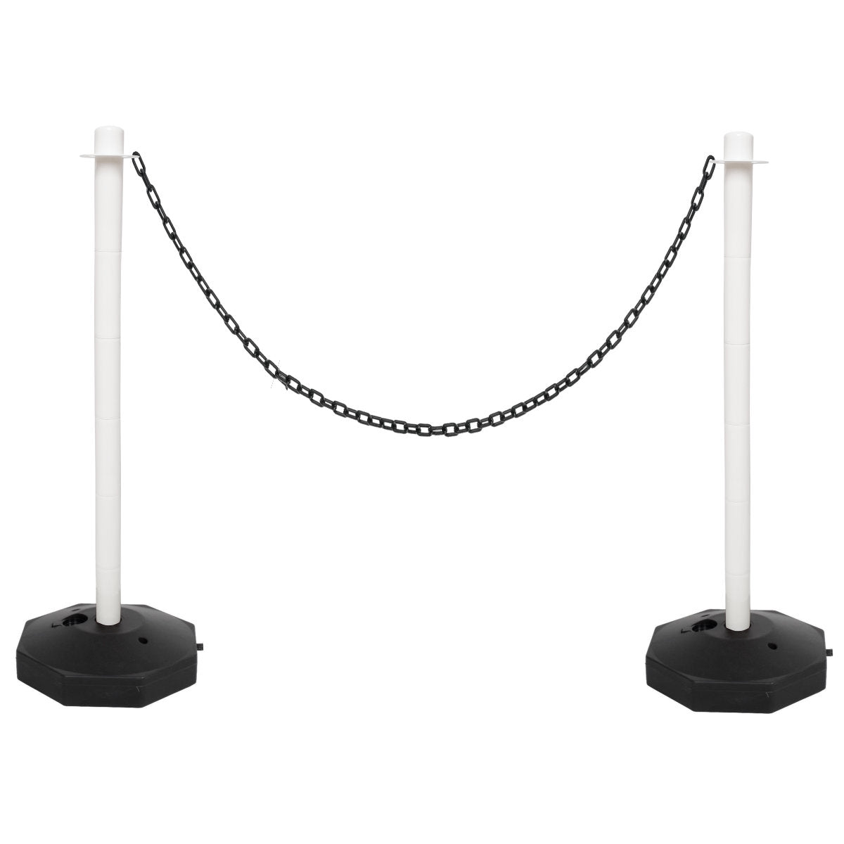 2 White Support Posts & Black Plastic Chain Barrier Set