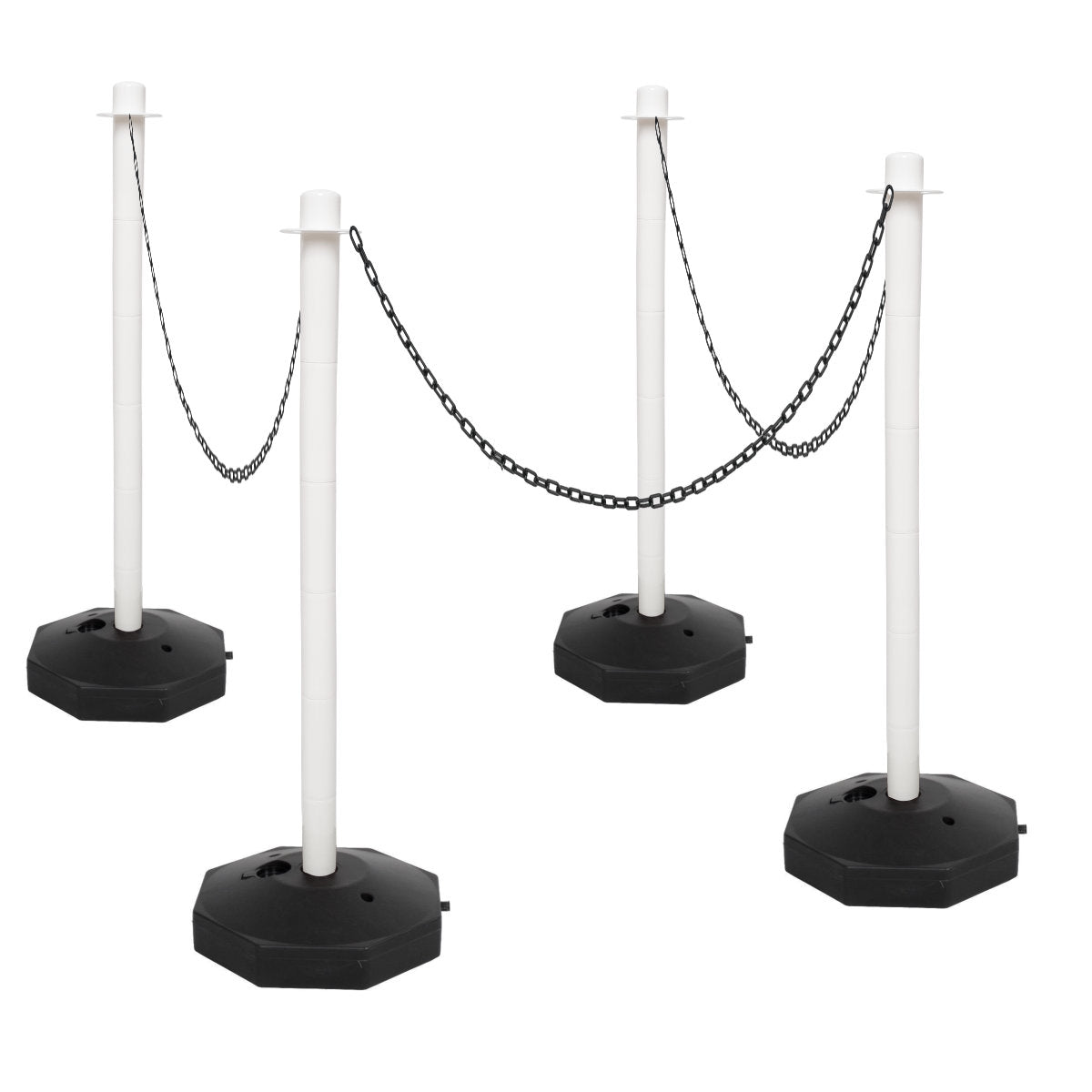 4 White Support Posts & Black Plastic Chain Barrier Set