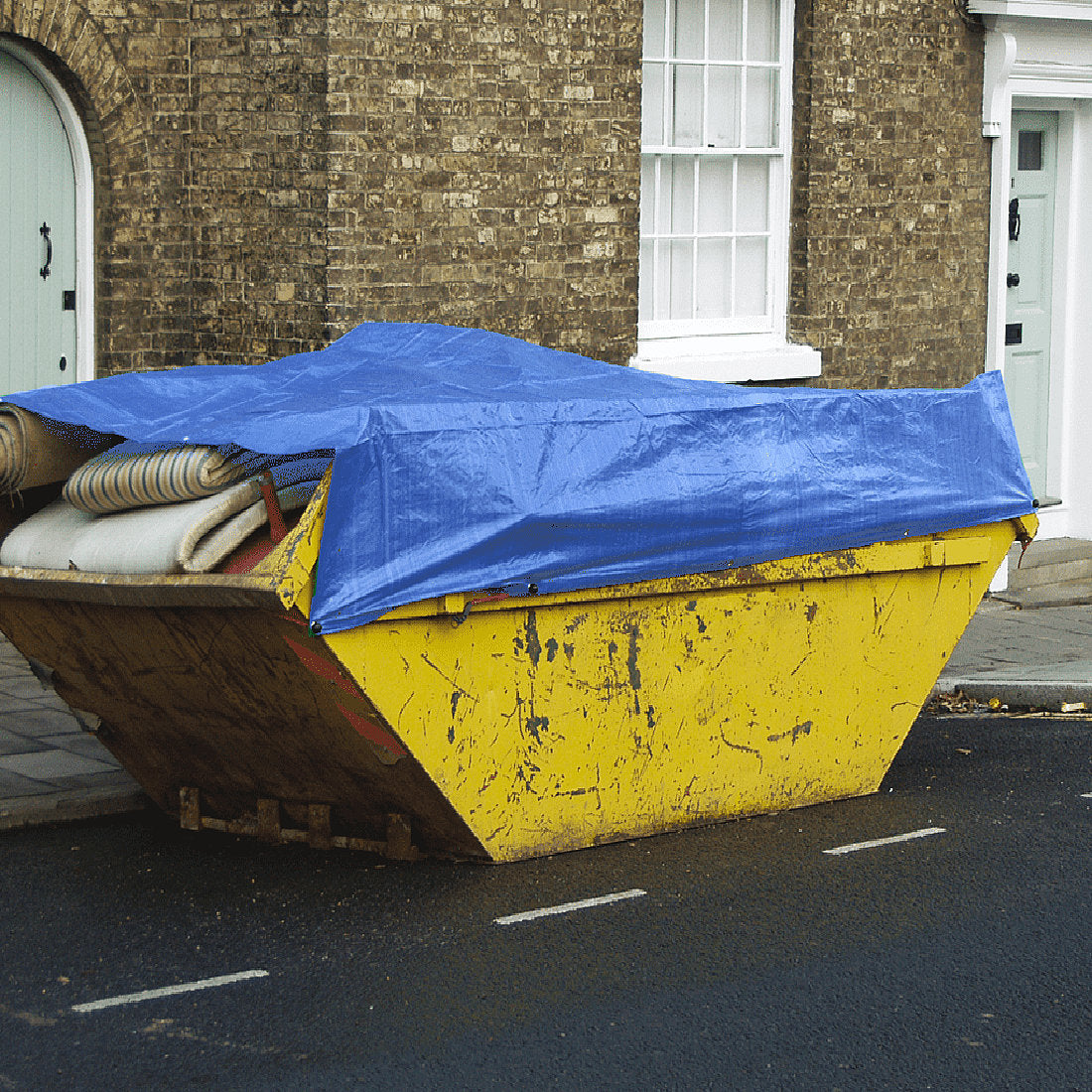 Waterproof Blue Tarpaulin on Skip