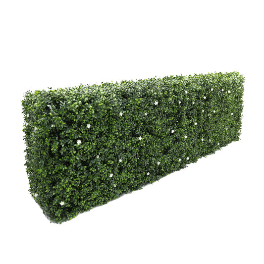 Freestanding Artificial Boxwood & White Flower Hedge - 56cm x 158cm