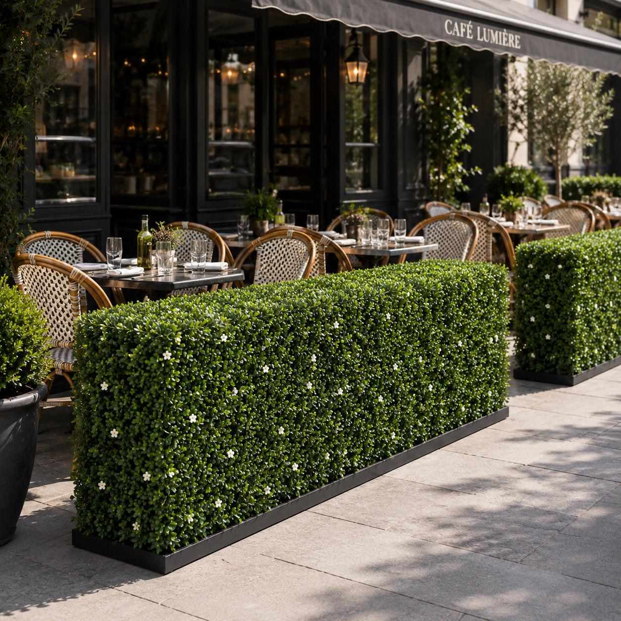 Freestanding Artificial Boxwood & White Flower Hedge - 56cm x 158cm